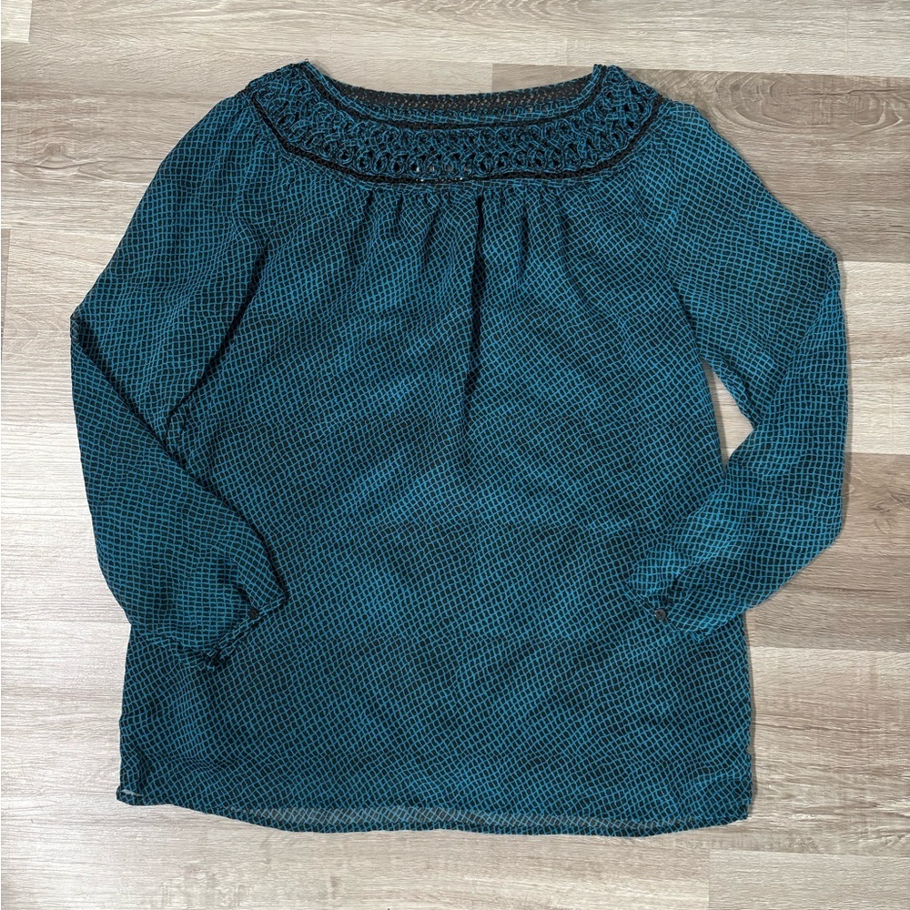 Teal Black Patterned Long Sleeve Blouse